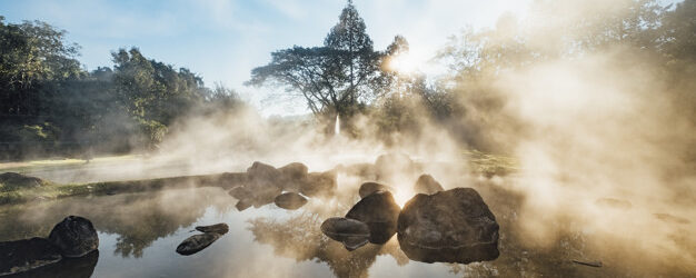 hot spring pool in morning sunrise